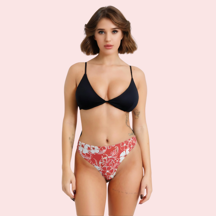 Red & White Floral Print High-Cut Thong Bikini Bottom (Bottom Only)