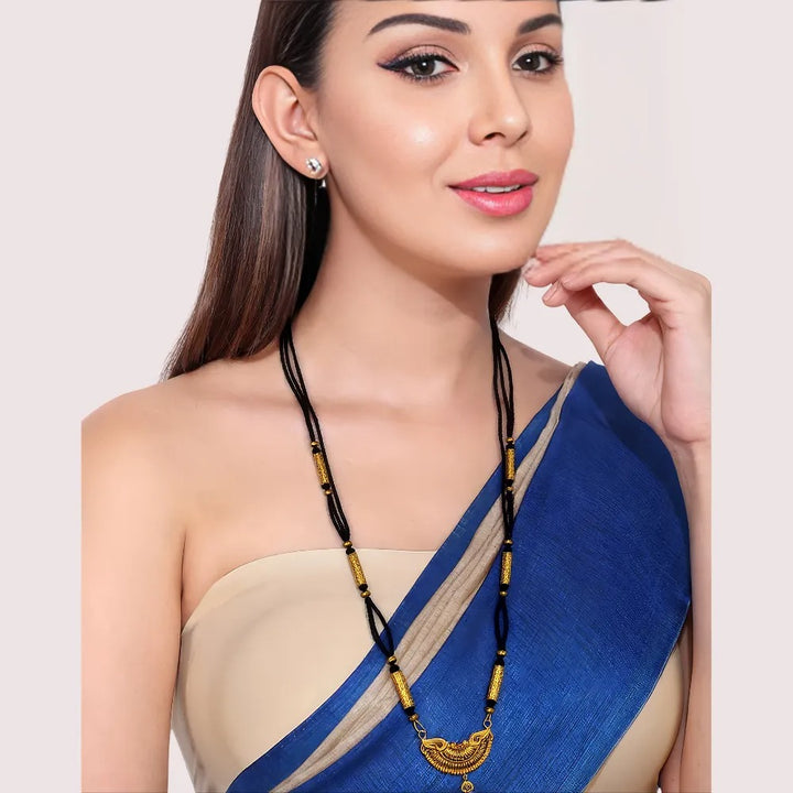 Traditional Crescent Pendant Long Mangalsutra with Gold-Toned Beads