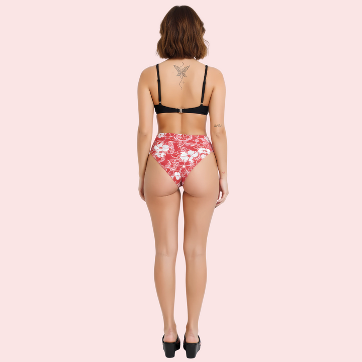 Red & White Floral Print High-Cut Thong Bikini Bottom (Bottom Only)